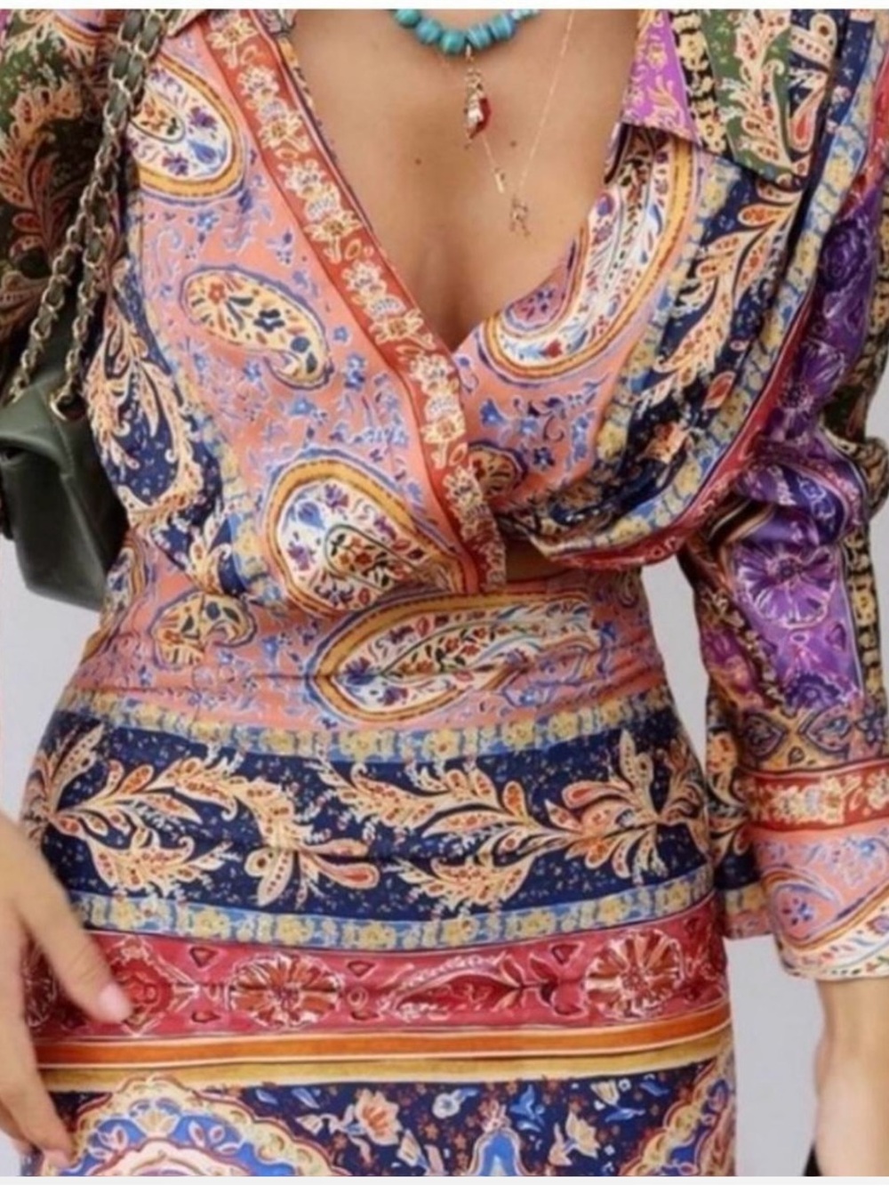 Zara Paisley Wrap Blouse  and skirt in Pink Navy & Purple. Two piece set